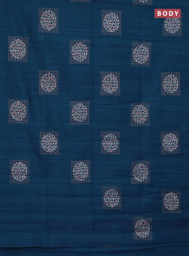 Semi raw silk saree peacock blue with embroidery buttas in borderless style