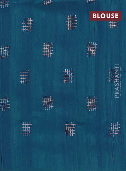 Semi raw silk saree peacock blue with embroidery buttas in borderless style