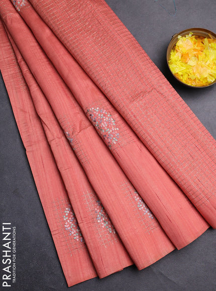 Semi raw silk saree dark peach orange with embroidery buttas in borderless style