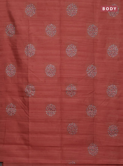 Semi raw silk saree dark peach orange with embroidery buttas in borderless style