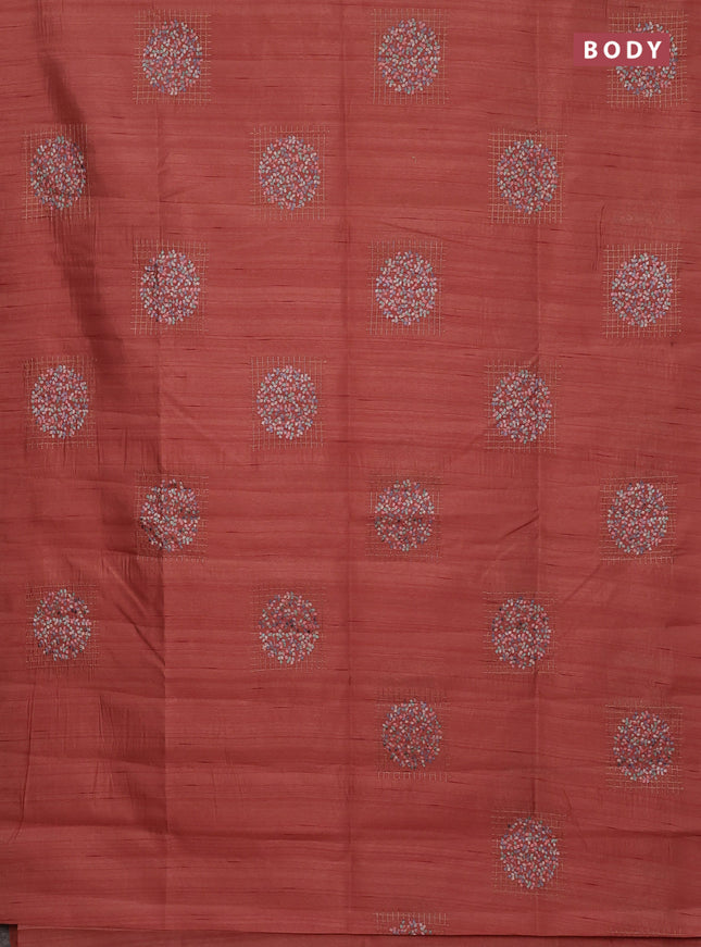 Semi raw silk saree dark peach orange with embroidery buttas in borderless style