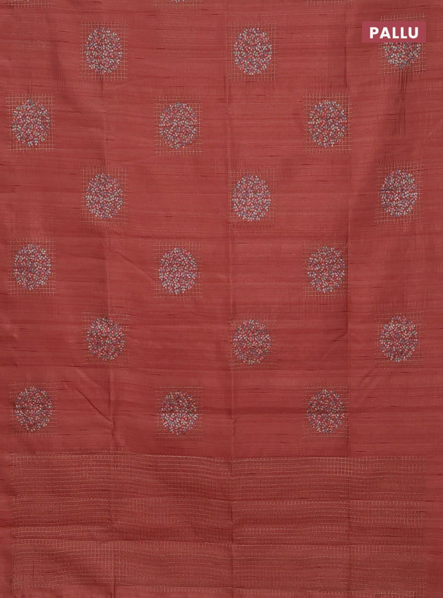 Semi raw silk saree dark peach orange with embroidery buttas in borderless style