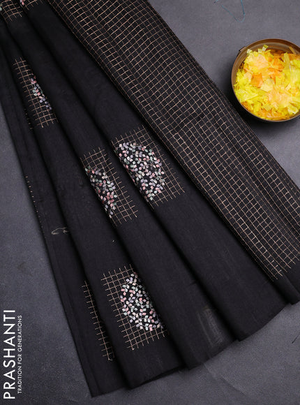 Semi raw silk saree black with embroidery buttas in borderless style