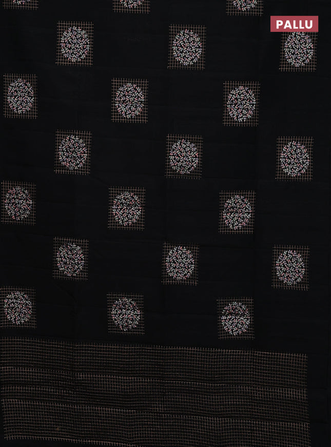 Semi raw silk saree black with embroidery buttas in borderless style