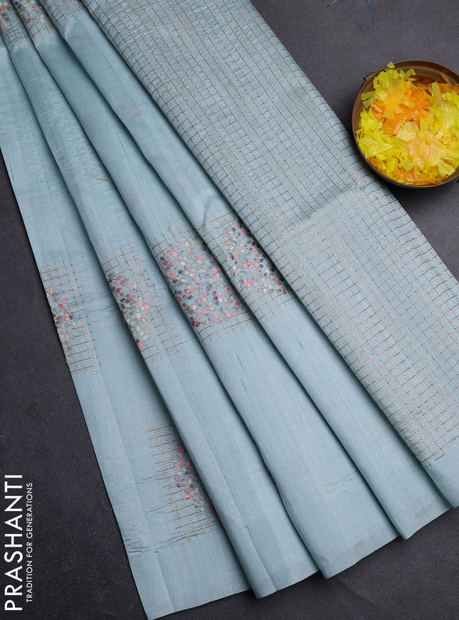 Semi raw silk saree teal blue with embroidery buttas in borderless style