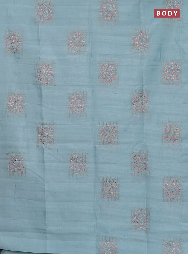 Semi raw silk saree teal blue with embroidery buttas in borderless style