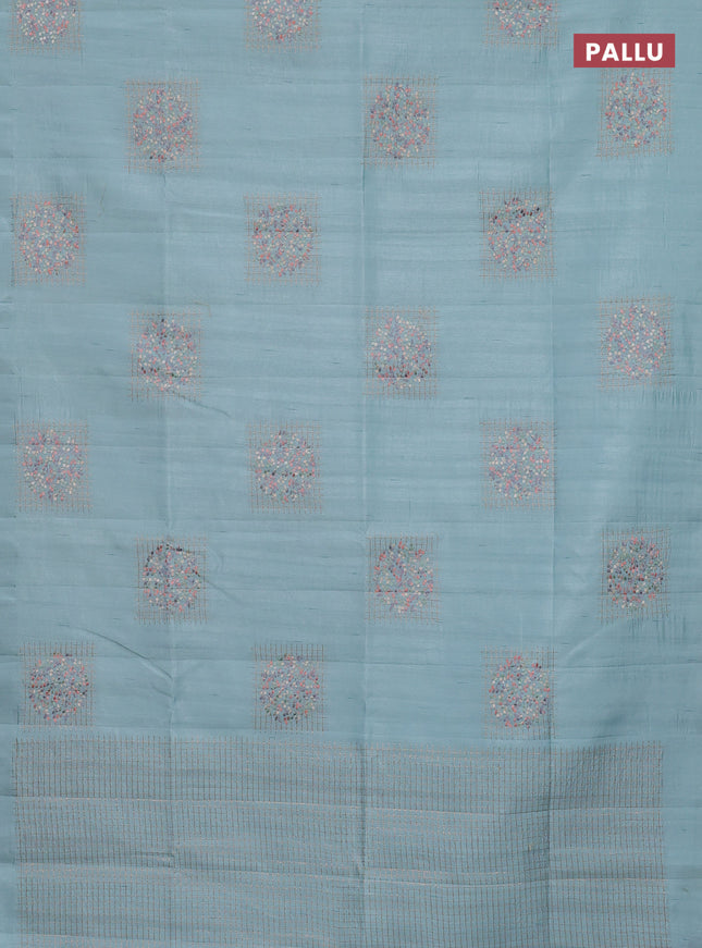 Semi raw silk saree teal blue with embroidery buttas in borderless style