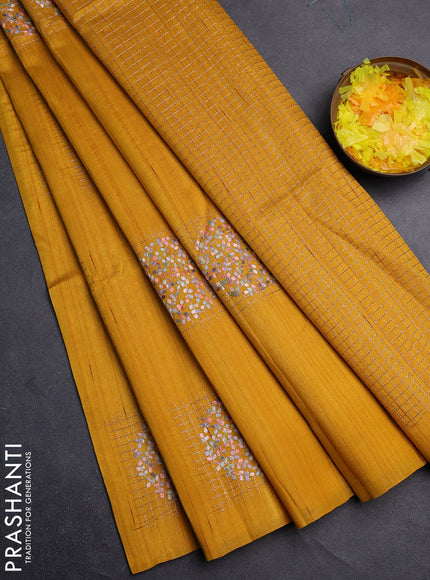 Semi raw silk saree mustard yellow with embroidery buttas in borderless style