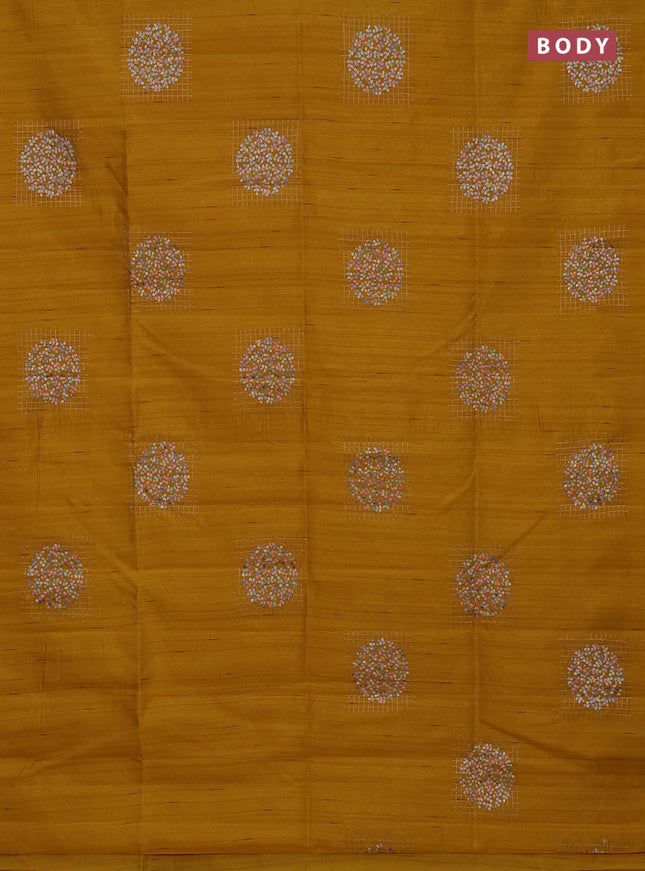 Semi raw silk saree mustard yellow with embroidery buttas in borderless style