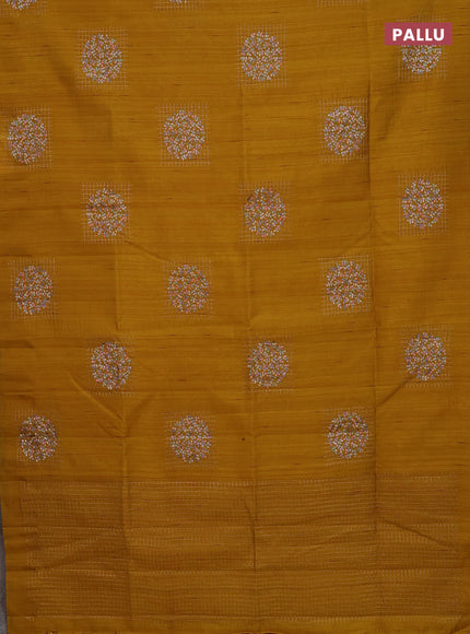 Semi raw silk saree mustard yellow with embroidery buttas in borderless style