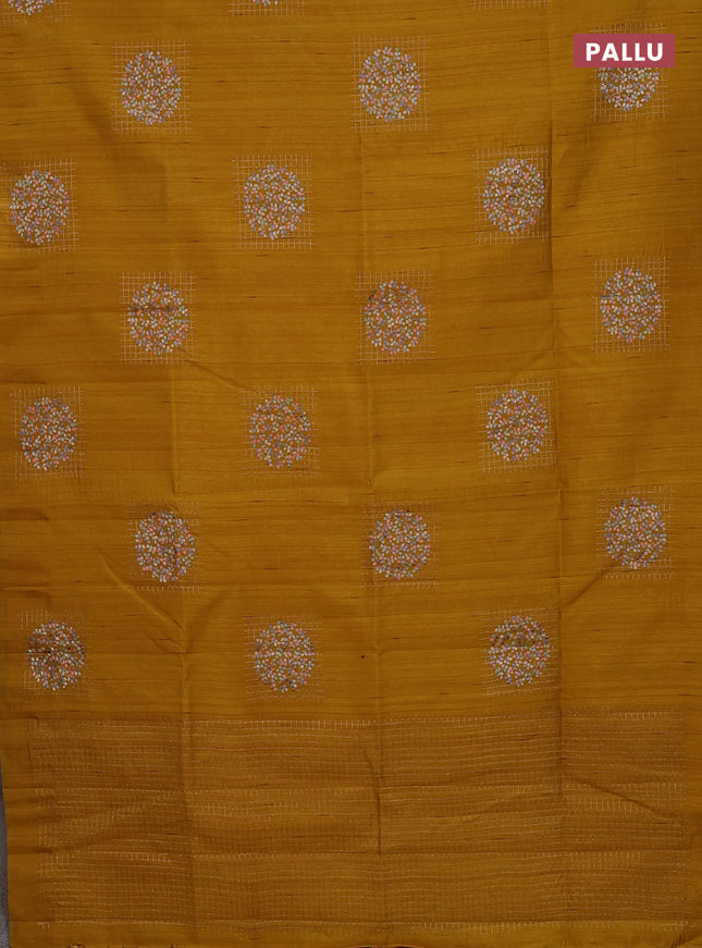 Semi raw silk saree mustard yellow with embroidery buttas in borderless style