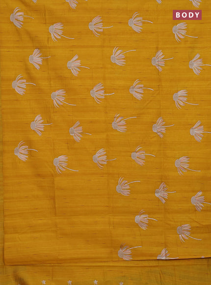 Semi raw silk saree mustard yellow with floral embroidery work buttas in borderless style