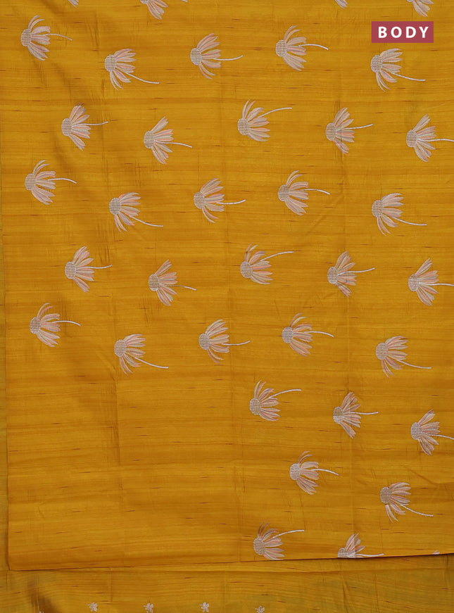 Semi raw silk saree mustard yellow with floral embroidery work buttas in borderless style