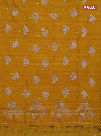 Semi raw silk saree mustard yellow with floral embroidery work buttas in borderless style