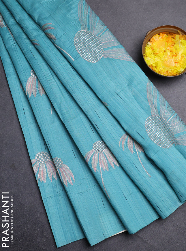 Semi raw silk saree teal blue with floral embroidery work buttas in borderless style