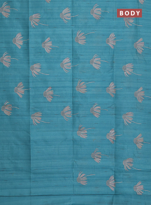 Semi raw silk saree teal blue with floral embroidery work buttas in borderless style