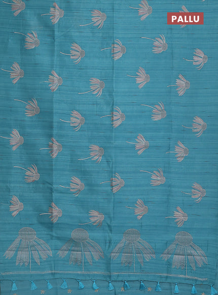 Semi raw silk saree teal blue with floral embroidery work buttas in borderless style