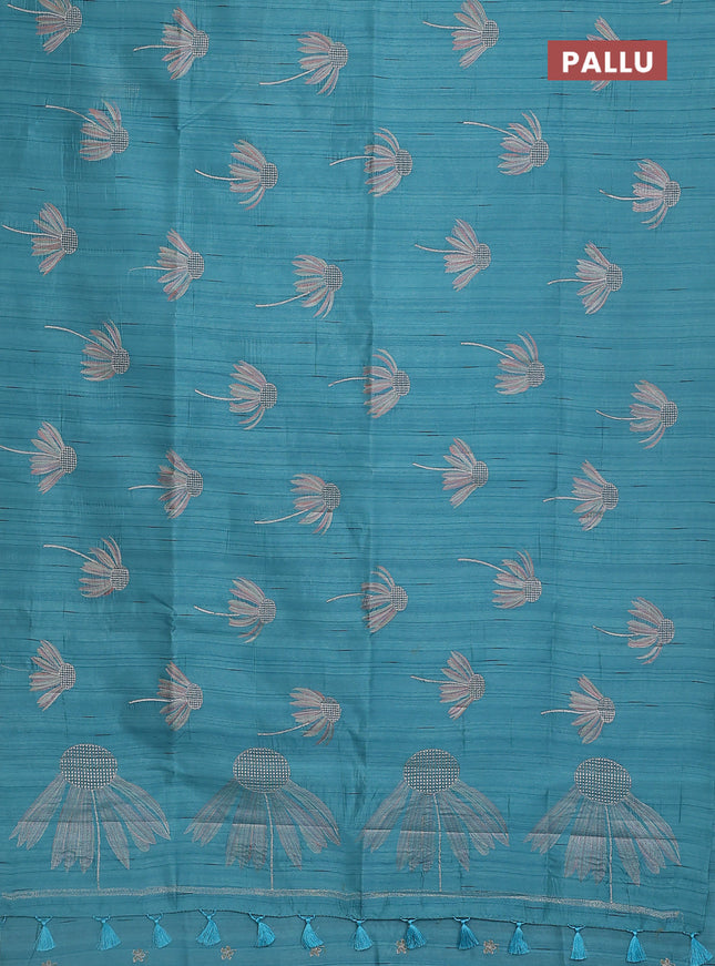 Semi raw silk saree teal blue with floral embroidery work buttas in borderless style