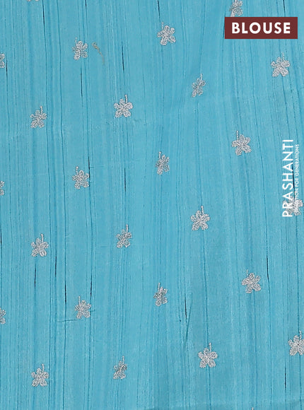 Semi raw silk saree teal blue with floral embroidery work buttas in borderless style