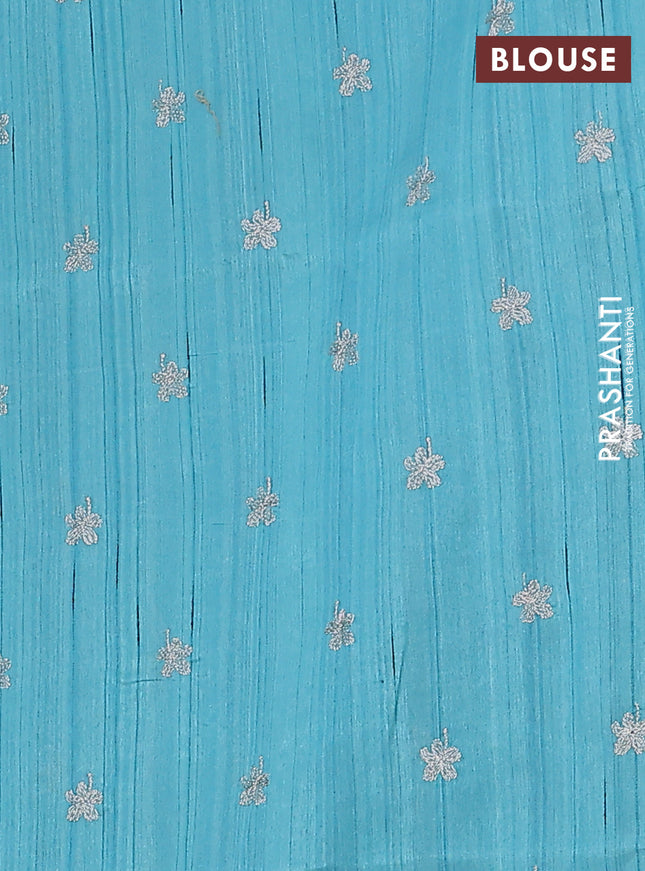 Semi raw silk saree teal blue with floral embroidery work buttas in borderless style