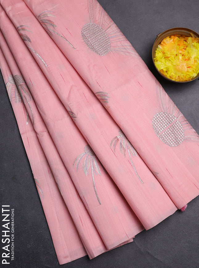 Semi raw silk saree mild peach with floral embroidery work buttas in borderless style