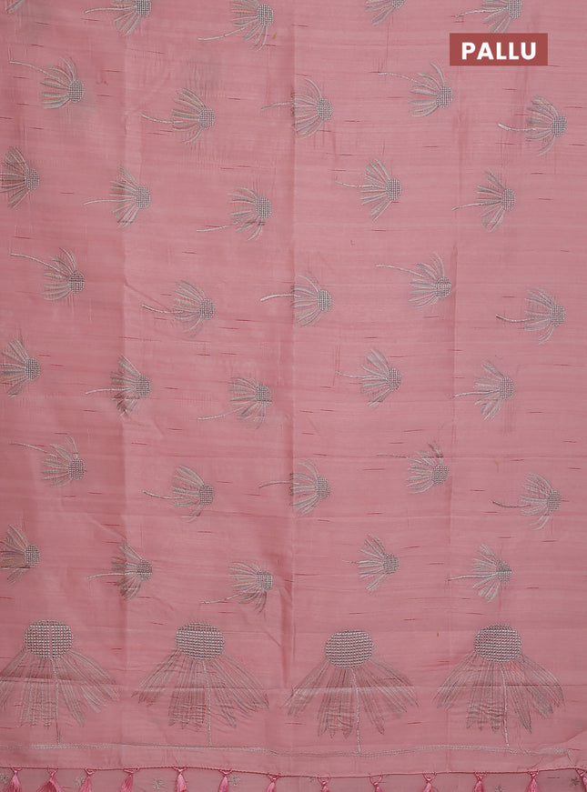 Semi raw silk saree mild peach with floral embroidery work buttas in borderless style