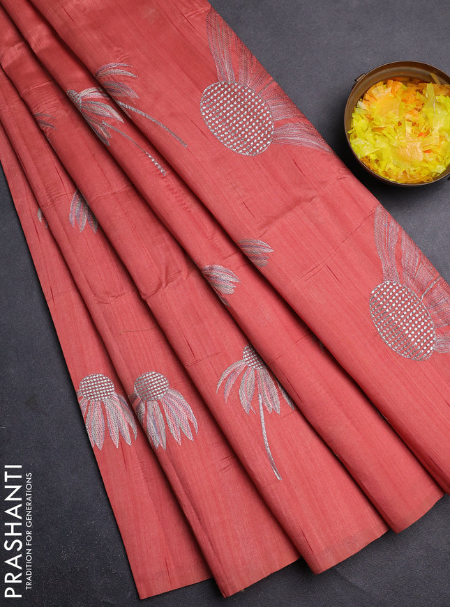 Semi raw silk saree dark peaach with floral embroidery work buttas in borderless style
