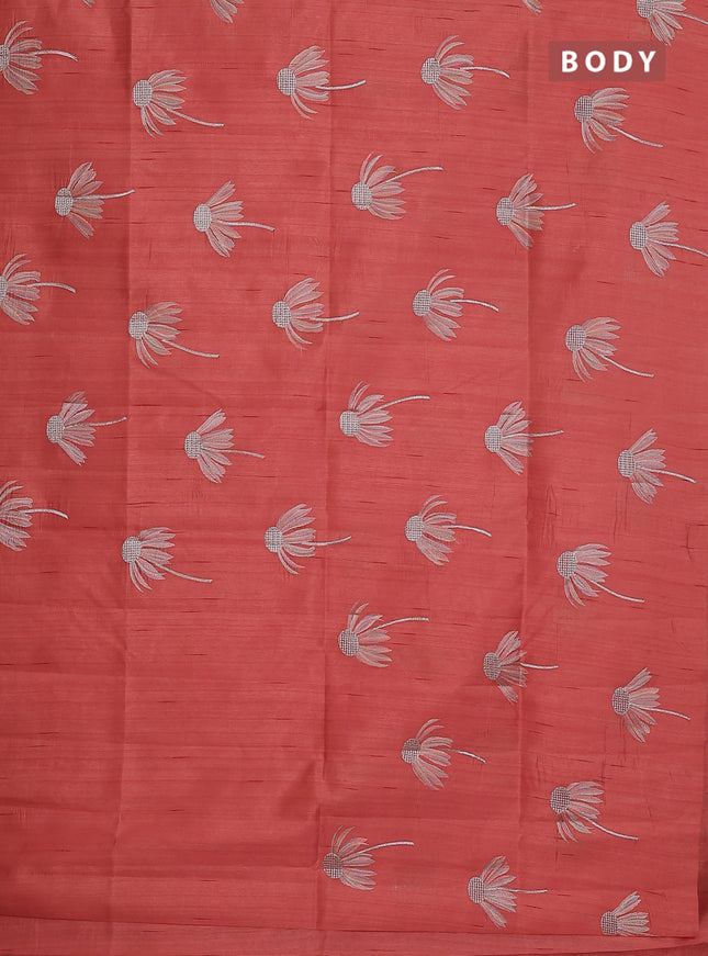 Semi raw silk saree dark peaach with floral embroidery work buttas in borderless style