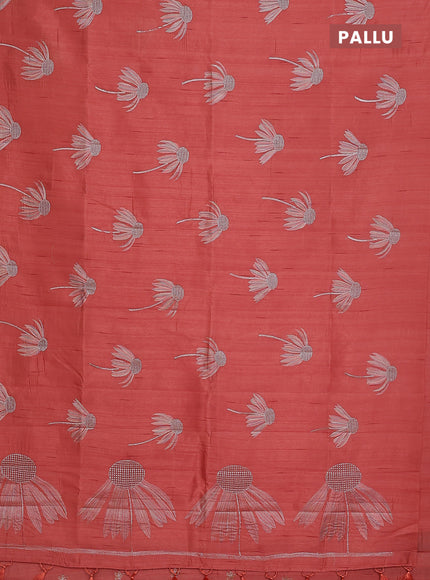Semi raw silk saree dark peaach with floral embroidery work buttas in borderless style