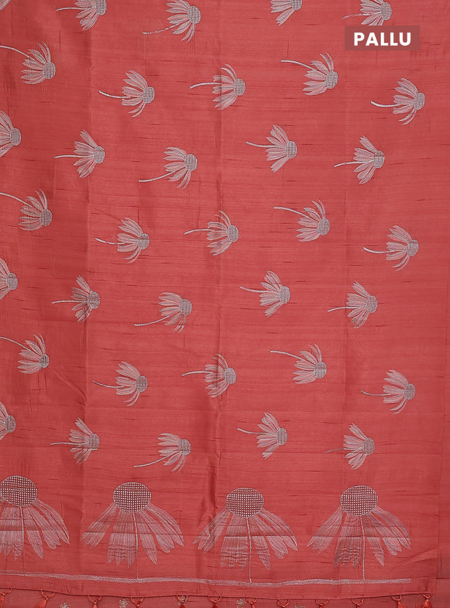 Semi raw silk saree dark peaach with floral embroidery work buttas in borderless style