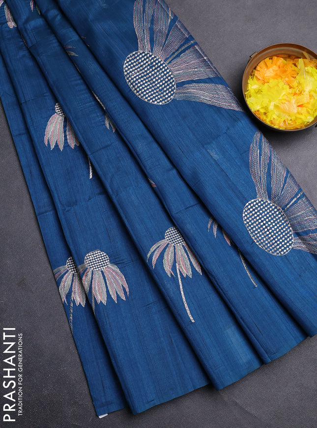 Semi raw silk saree peacock blue with floral embroidery work buttas in borderless style