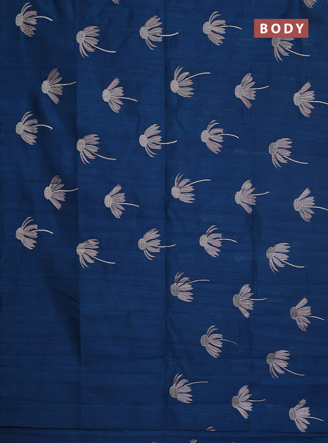 Semi raw silk saree peacock blue with floral embroidery work buttas in borderless style