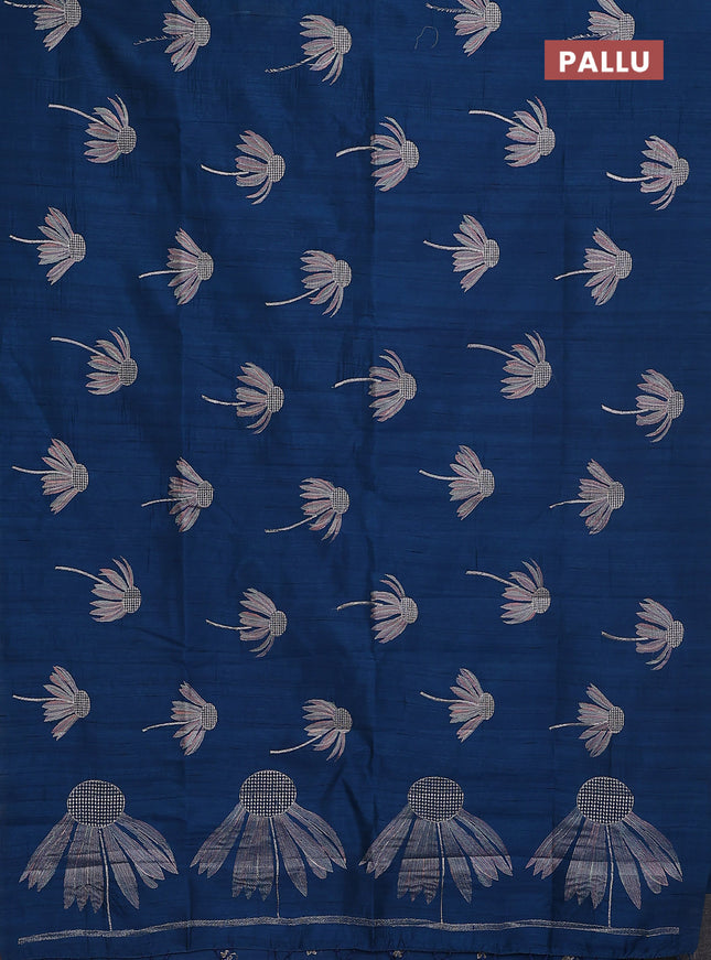 Semi raw silk saree peacock blue with floral embroidery work buttas in borderless style
