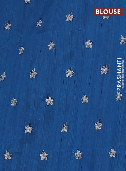 Semi raw silk saree peacock blue with floral embroidery work buttas in borderless style