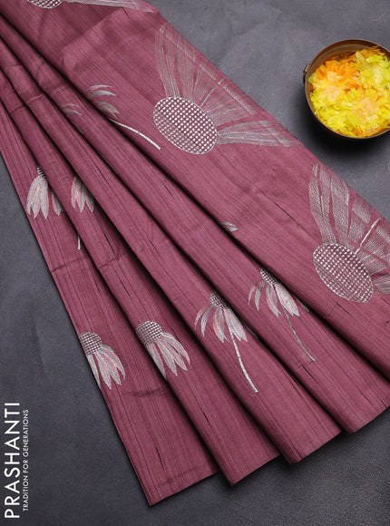Semi raw silk saree rosy brown with floral embroidery work buttas in borderless style