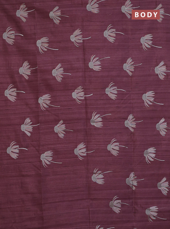 Semi raw silk saree rosy brown with floral embroidery work buttas in borderless style