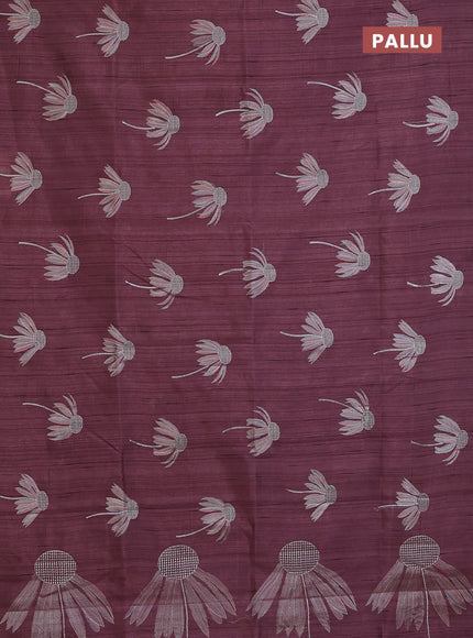 Semi raw silk saree rosy brown with floral embroidery work buttas in borderless style