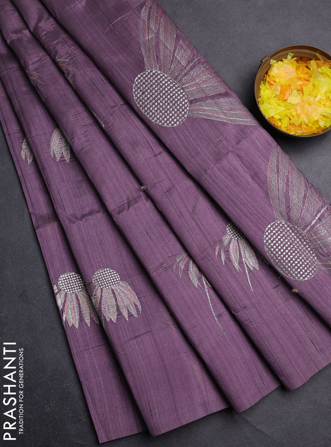 Semi raw silk saree pastel pink with floral embroidery work buttas in borderless style