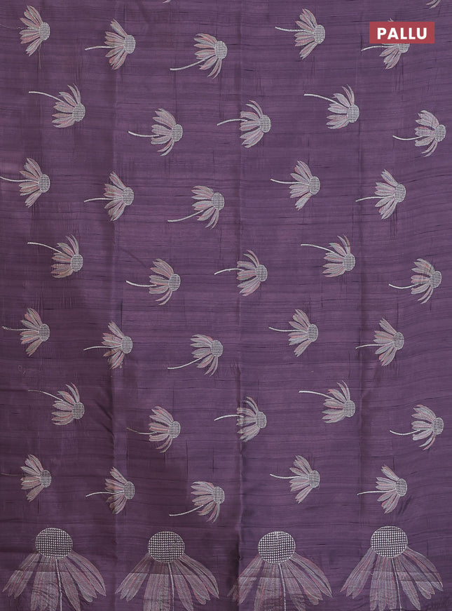 Semi raw silk saree pastel pink with floral embroidery work buttas in borderless style