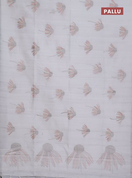 Semi raw silk saree off white with floral embroidery work buttas in borderless style