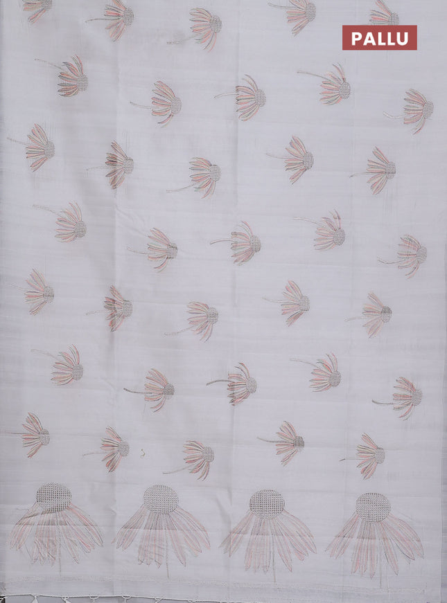 Semi raw silk saree off white with floral embroidery work buttas in borderless style