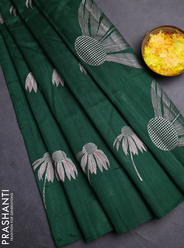 Semi raw silk saree green with floral embroidery work buttas in borderless style