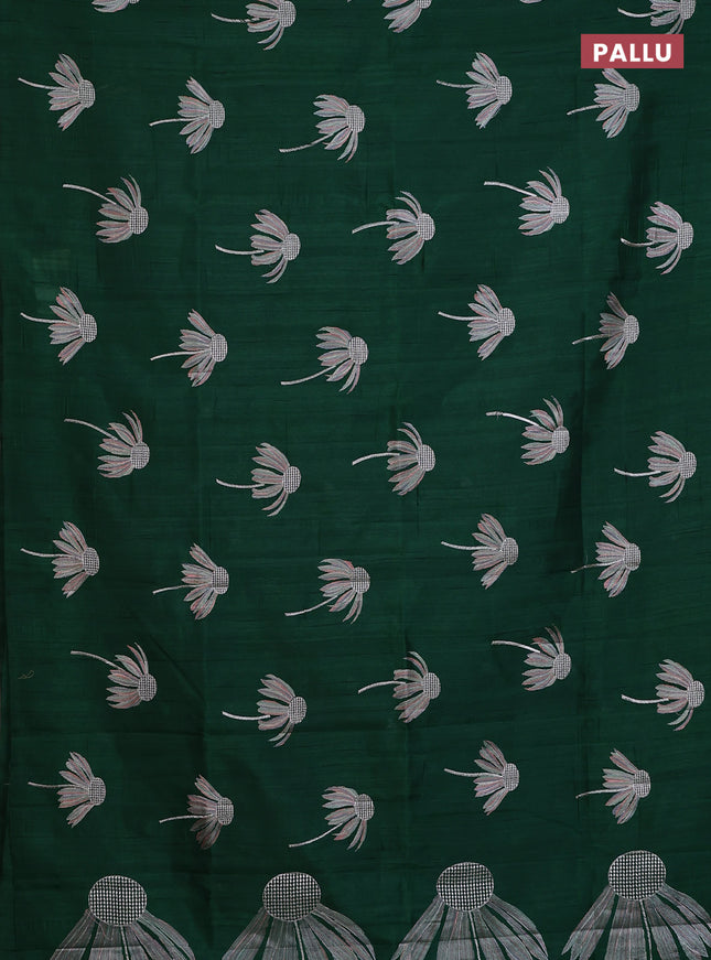 Semi raw silk saree green with floral embroidery work buttas in borderless style