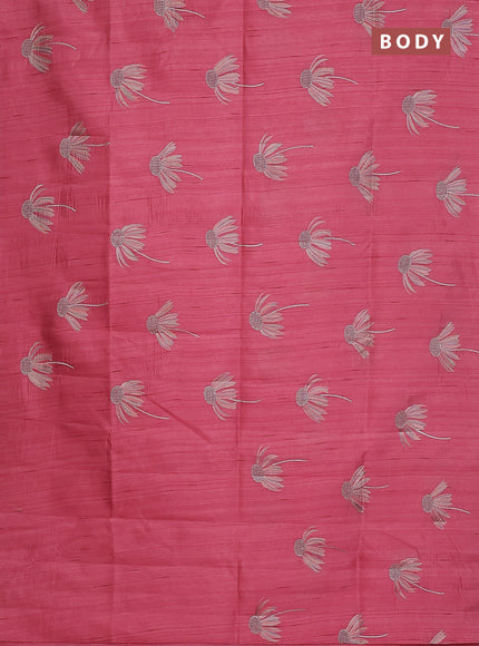 Semi raw silk saree peach pink with floral embroidery work buttas in borderless style