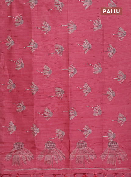 Semi raw silk saree peach pink with floral embroidery work buttas in borderless style