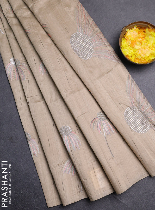 Semi raw silk saree beige with floral embroidery work buttas in borderless style