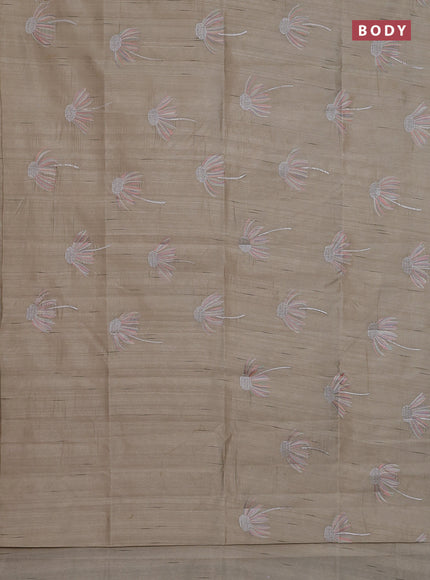 Semi raw silk saree beige with floral embroidery work buttas in borderless style
