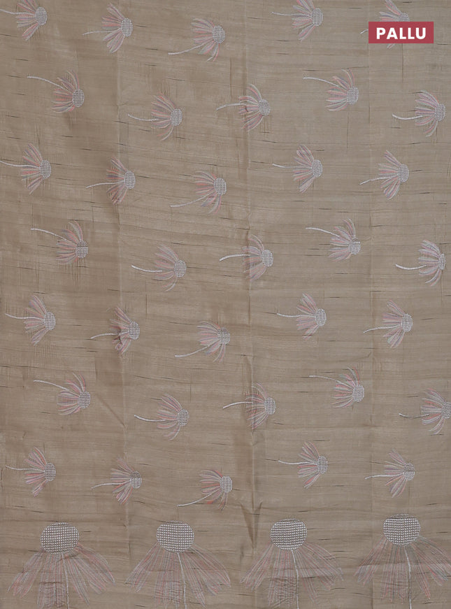 Semi raw silk saree beige with floral embroidery work buttas in borderless style
