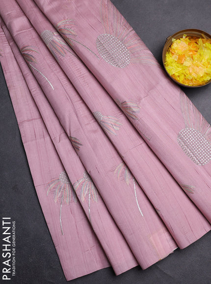 Semi raw silk saree pastel pink with floral embroidery work buttas in borderless style