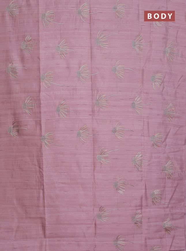 Semi raw silk saree pastel pink with floral embroidery work buttas in borderless style